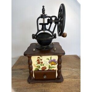 Vintage Coffee Grinder Mill Metal Wood Cast Iron Floral Blue Porcelain